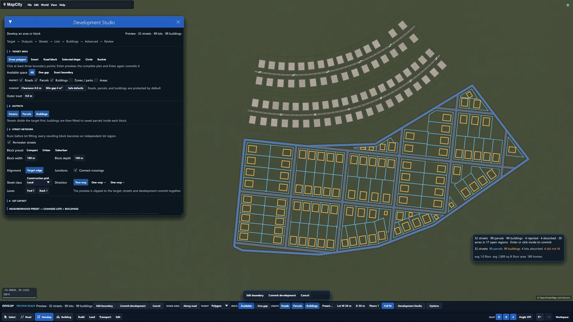 MapCity development tools previewing an editable neighborhood of curved roads, parcels, and buildings