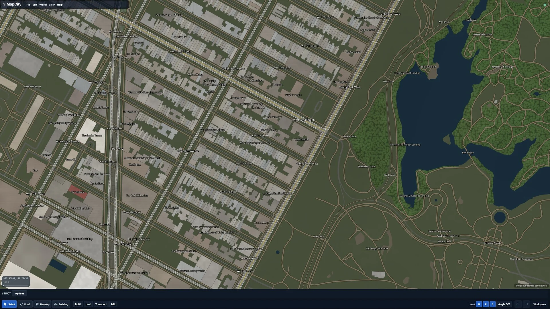 A detailed top-down city map in MapCity, with dense building blocks, park paths, and a lake